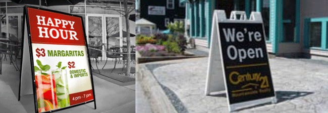 A-Frame signs are able to take on almost any size and shape imaginable, allowing a lightweight sign that communicates your logo or message in a portable way. With an A-Frame Sign you can move the sign to where you need it.